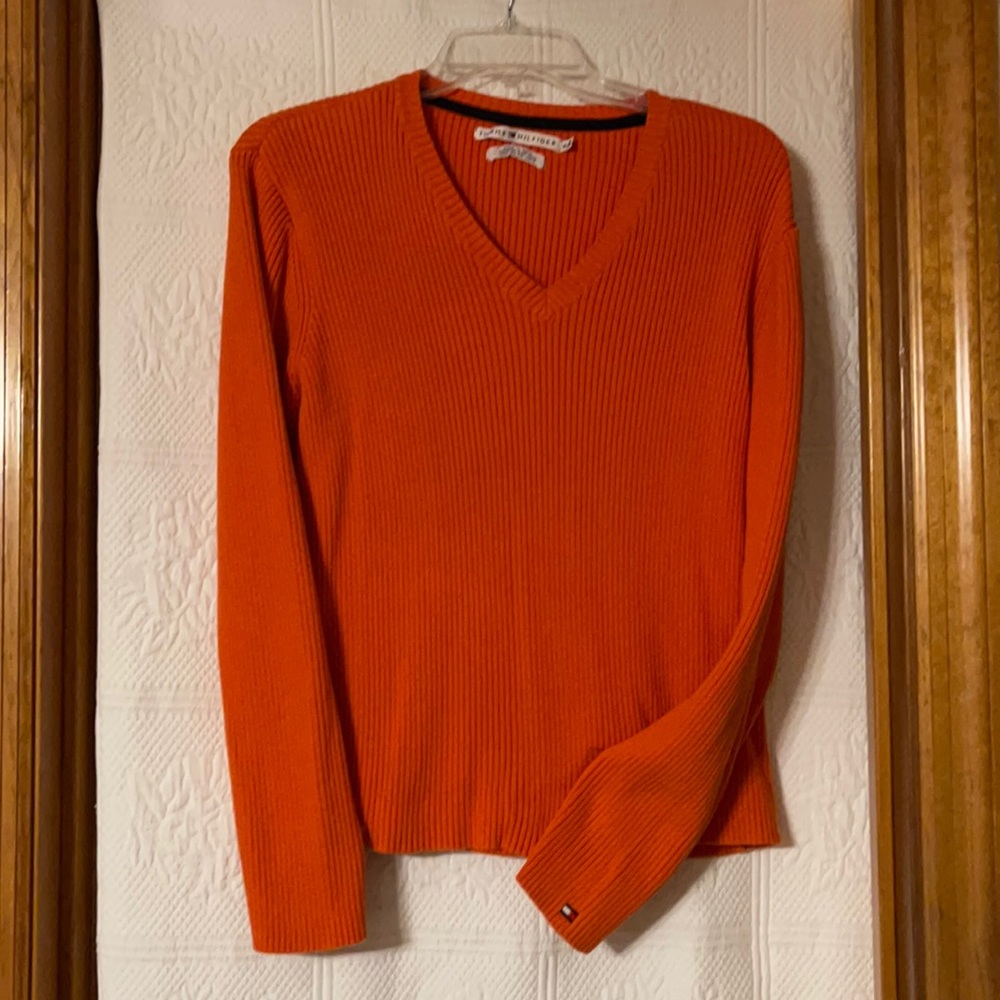 Tommy Hilfiger Burnt Orange V-neck sweater.  Straight lined.